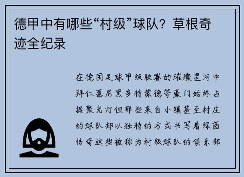 德甲中有哪些“村级”球队？草根奇迹全纪录